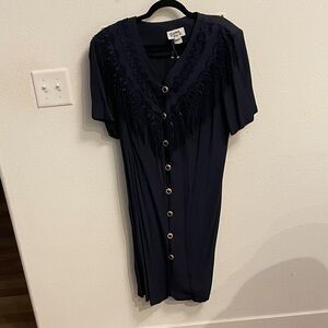 Vintage 80s Navy Button-Down Dress with Fringe and gorgeous gold buttons